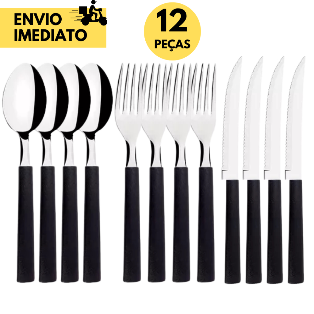 Kits 6 ou 12 Talheres de Inox Cabo Preto Facas Colheres Garfos Residencial Restaurante Uso Diário