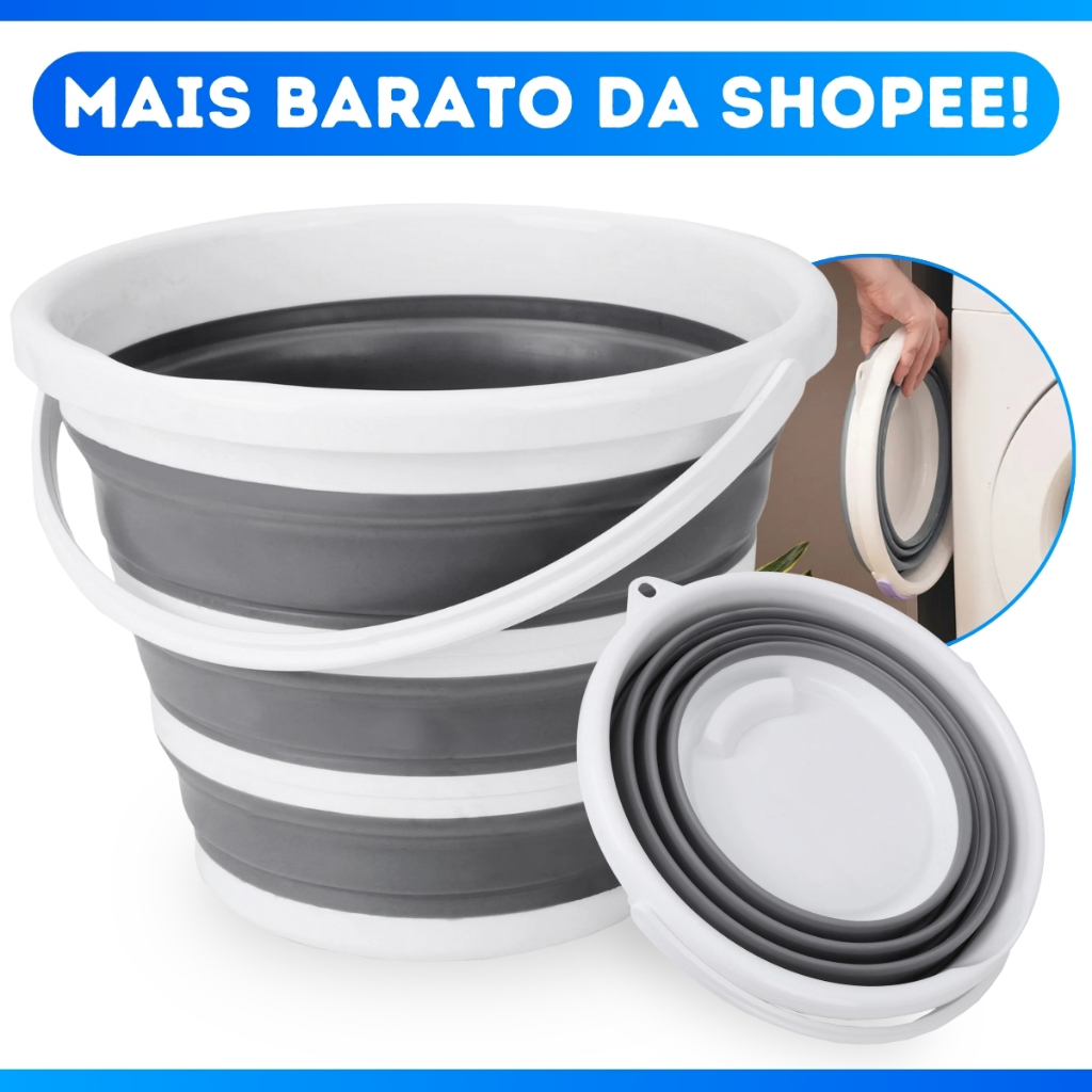 Balde Dobrável Tipo Sanfonado Retrátil 10 Litros Silicone Cinza