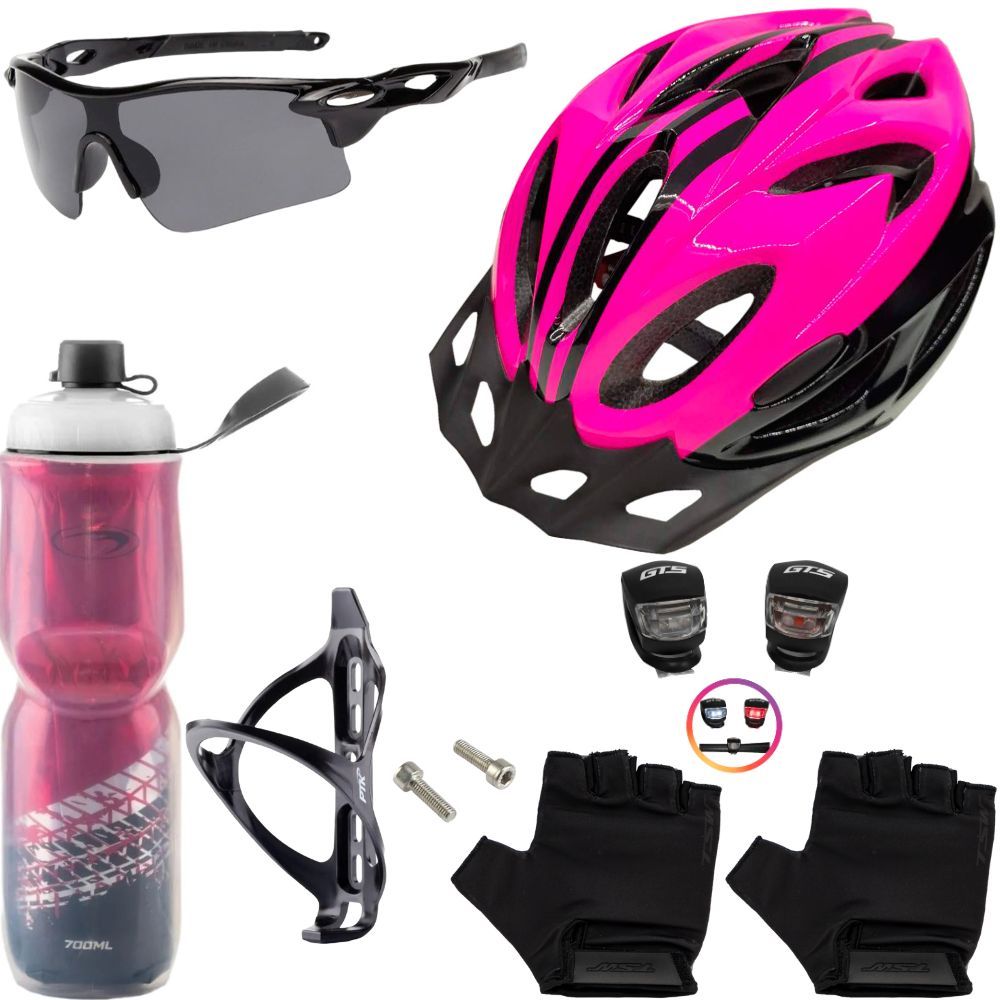 Capacete Bike + Garrafa + Suporte + Pisca + Óculos + Luvas