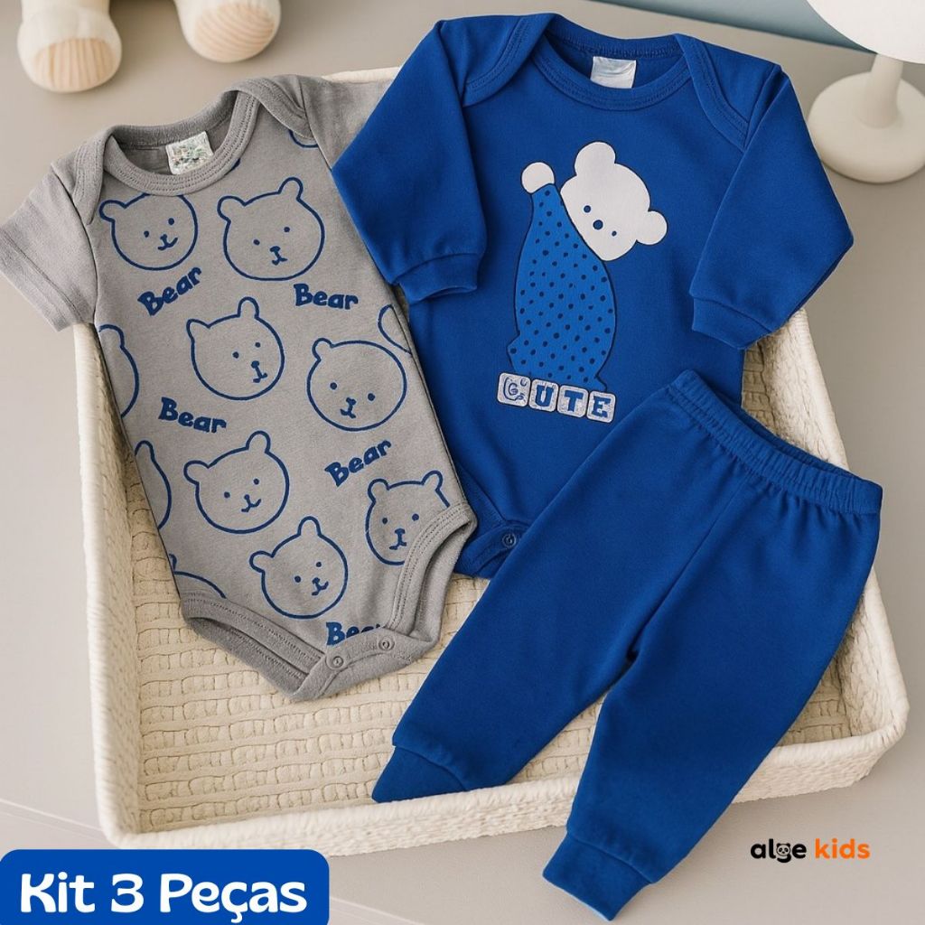 Conjunto Bebê Trio 3 Pçs Algodão: Body e Calça OU Regata e Shorts Estampas Divertidas Roupa de Bebê