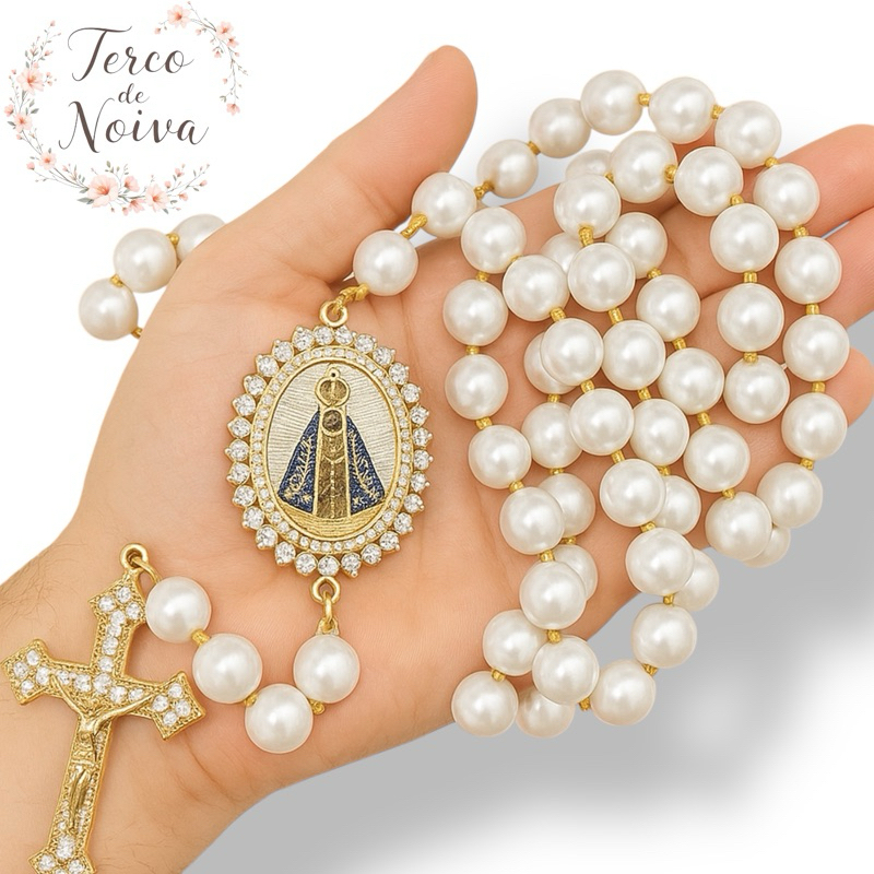 Terço De Noiva Pérola Nossa Senhora de Aparecida Com Strass Contas 10mm De Luxo Banhado Prata