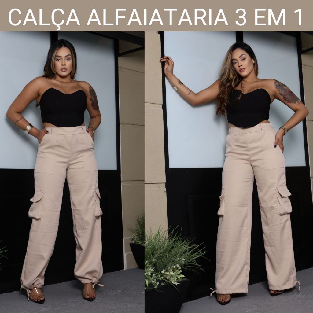 Calça Feminina 3 em 1 Pantalona Jogger Cargo Tecido Alfaiataria Linha Premium 4 Bolsos Abertura Cint