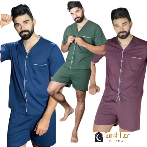 Pijama curto de verão aberto com botão masculino
