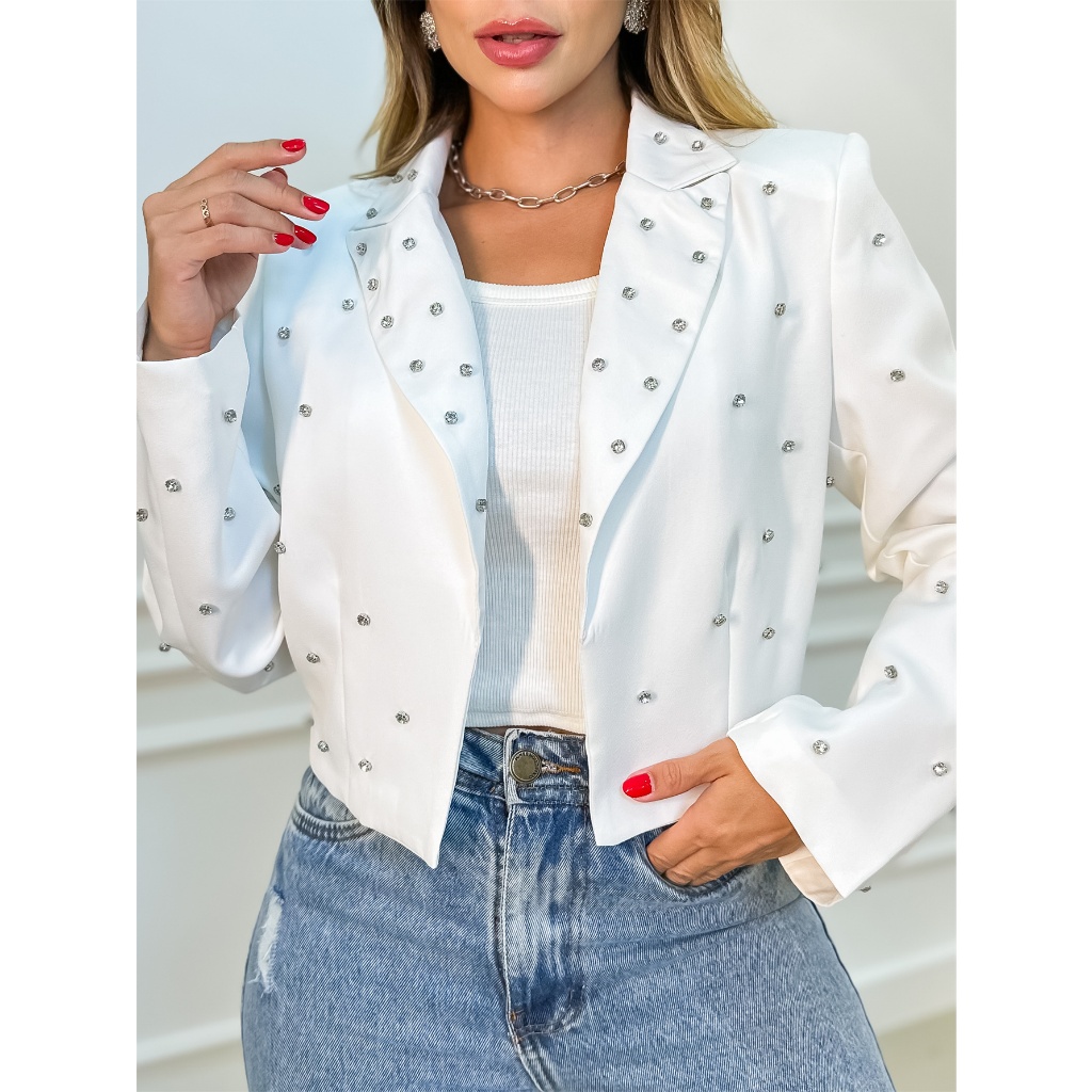Blazer Feminino Casaco Alfaiataria Social Com Botão Pedraria 3RD SD911