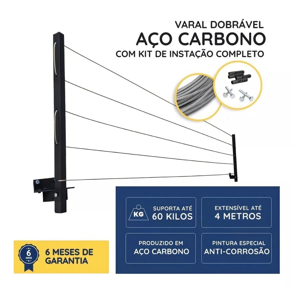 Varal Retrátil, Dobrável De Parede Em Aço, Cabo De Aço Encapado ENVIO IMEDIATO
