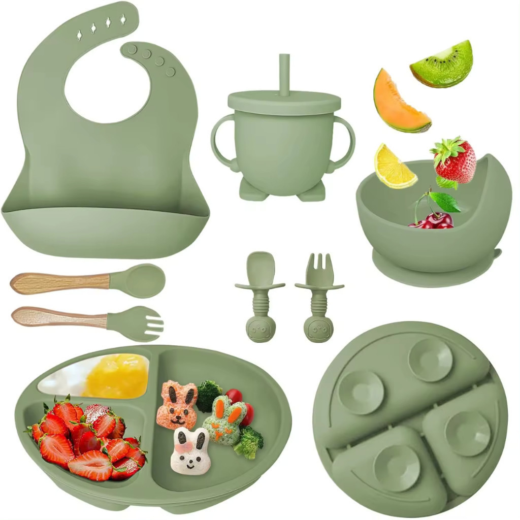 kit 8 Peças Talheres alimentação bebê silicone – Kit Talheres Infantil Com Ventosa Canudo Colher Bab