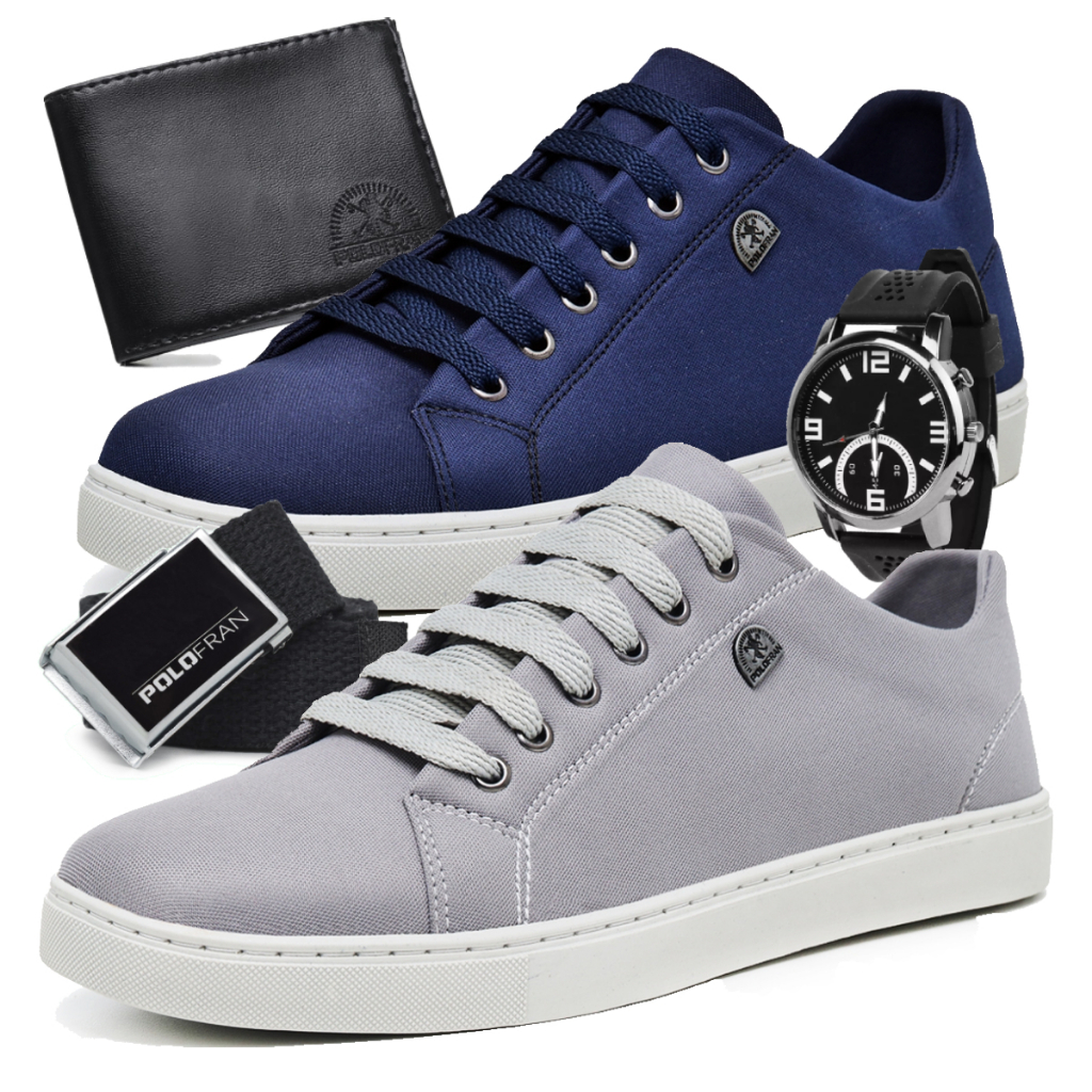 Kit 2 Tênis Masculino Sapatênis Polo Fran Básico Casual Com Carteira Cinto e Relógio London