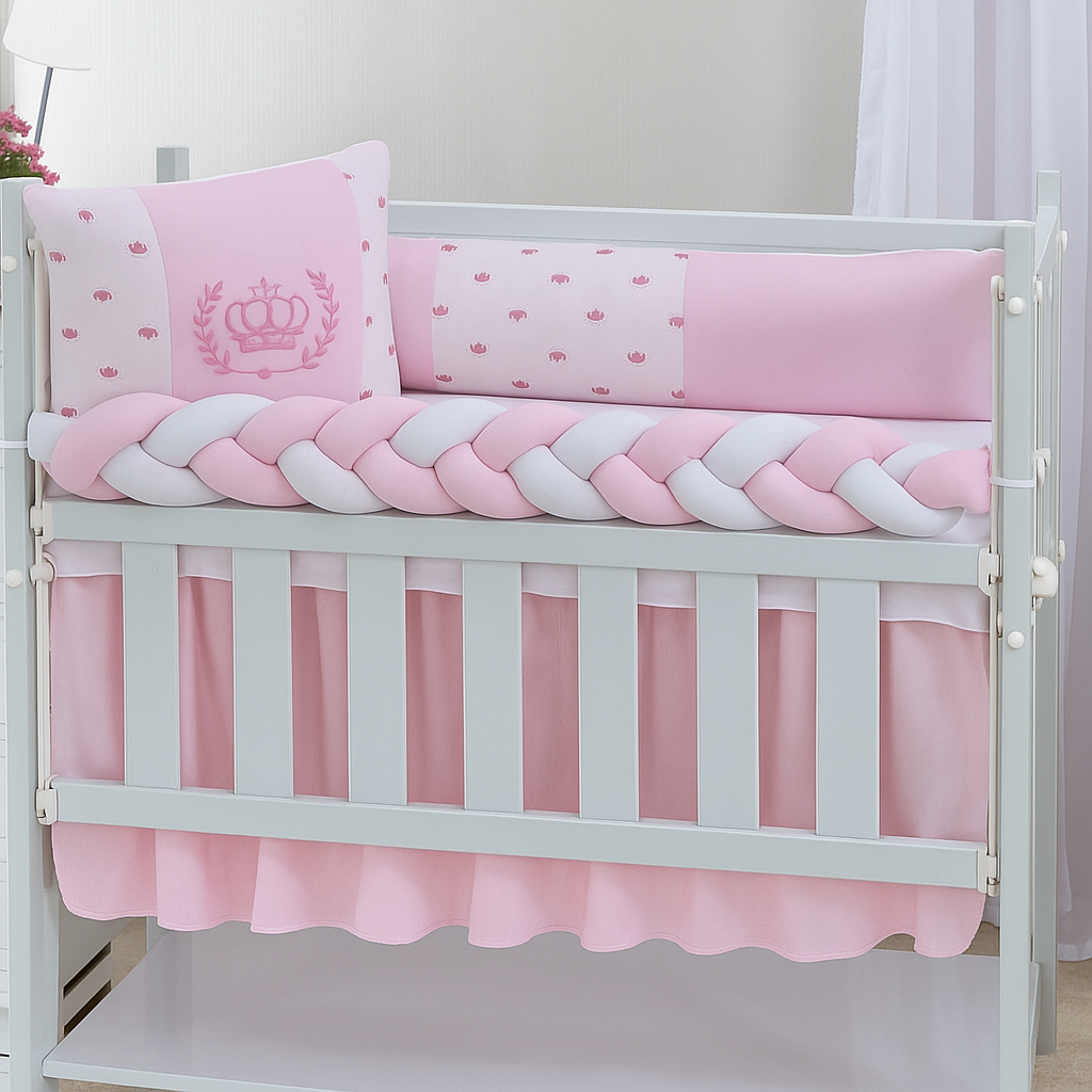 Kit Mini Berço 6 Peças com Trança e Mosquiteiro  Várias Estampas Aconchegantes para Bebê
