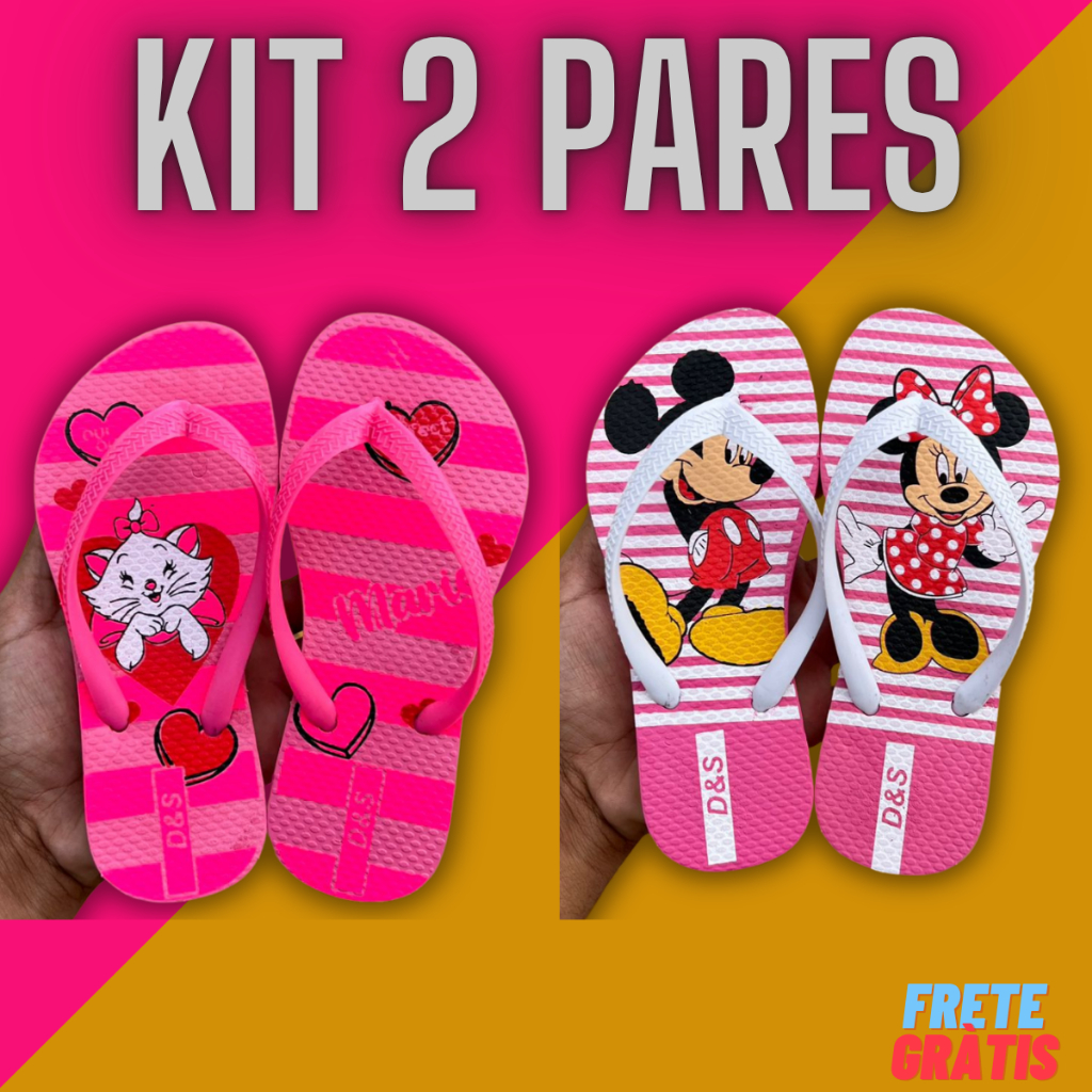 2 Pares Chinelo Sandália Feminino Infantil Menina Criança Personagem Confortável Kids Macio Leve