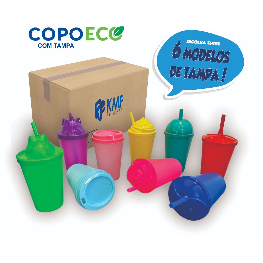 50 Copos ECO com Tampa 300ml Ecológico, Flexível, Não Quebra, Copo Plástico PP, Festa Infantil