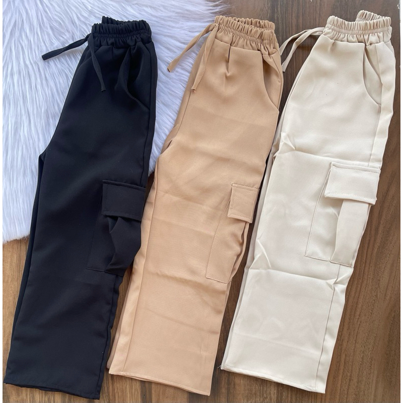 Calça Cargo Alfaiataria Juvenil Wide Leg Feminina Cós Alto Bolsos Moda Blogueirinha