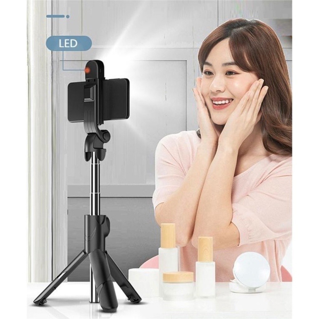 Bastão de selfie telescópico Bluetooth com controle remoto para celular com suporte de tripé com luz