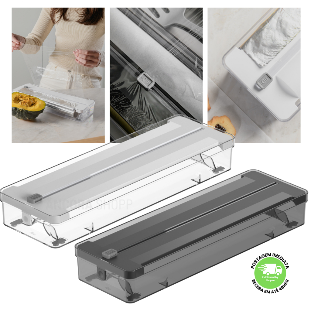 Organizador de Rolos Duplo e Cortador de Plástico Filme Papel Alumínio Manteiga Ou 37cm x 12cm