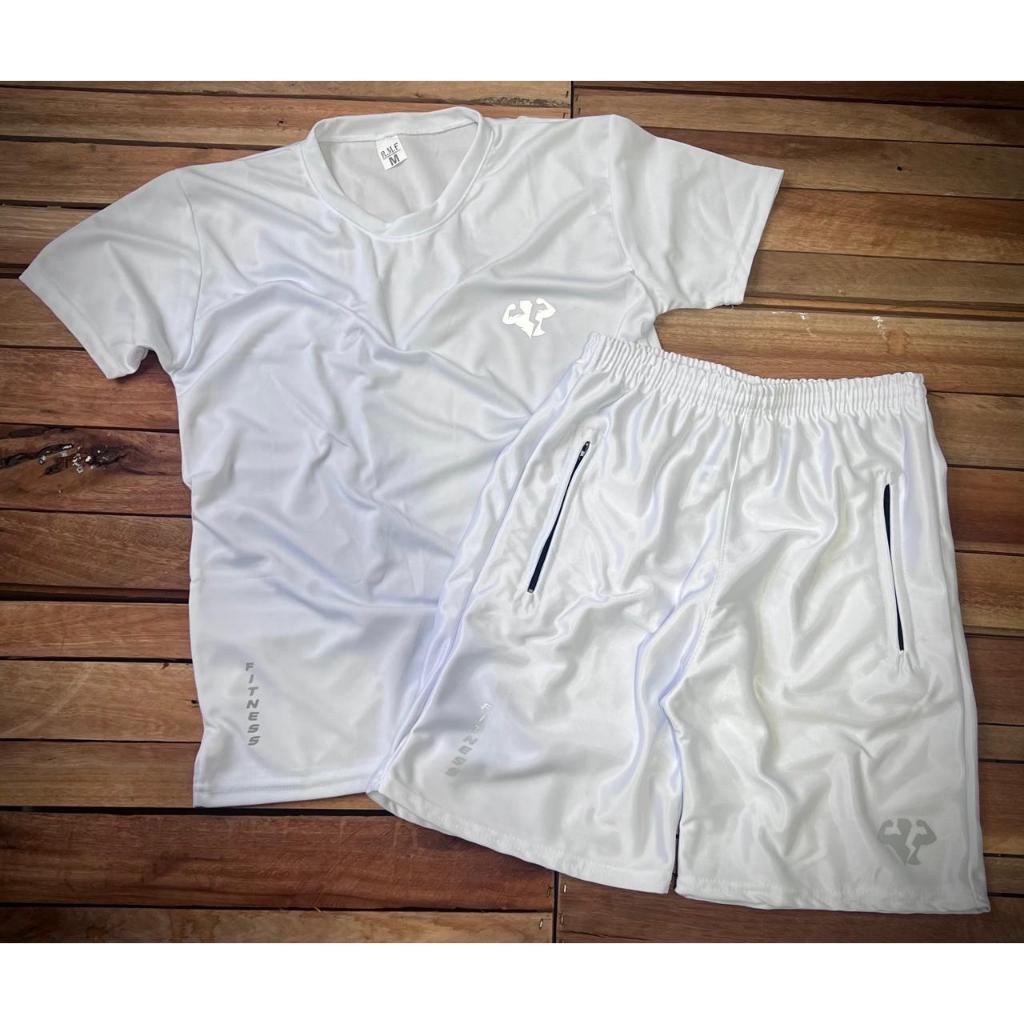 Kit Todo Branco Camiseta e Bermuda Com Logo Refletivo + Diversas Cores + Pronta Entrega Promoção