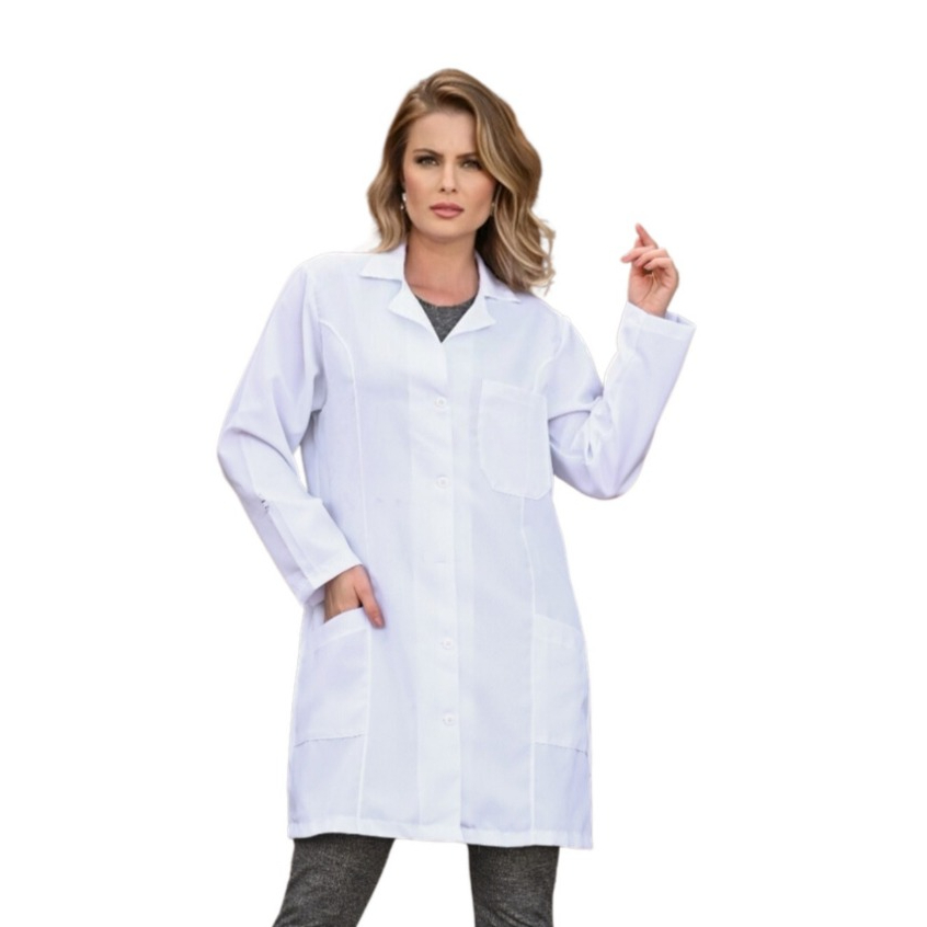 Jaleco Feminino Oxford Branco Botão Embutido Gola Blazer Acinturado Manga Longa Oxford Para Estágio