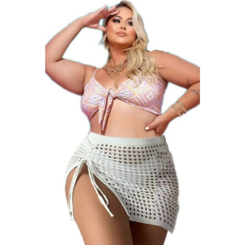 SAIA PLUS SIZE VERÃO  TRICOT  PRAIA  VAZADO CURTA ANITTA