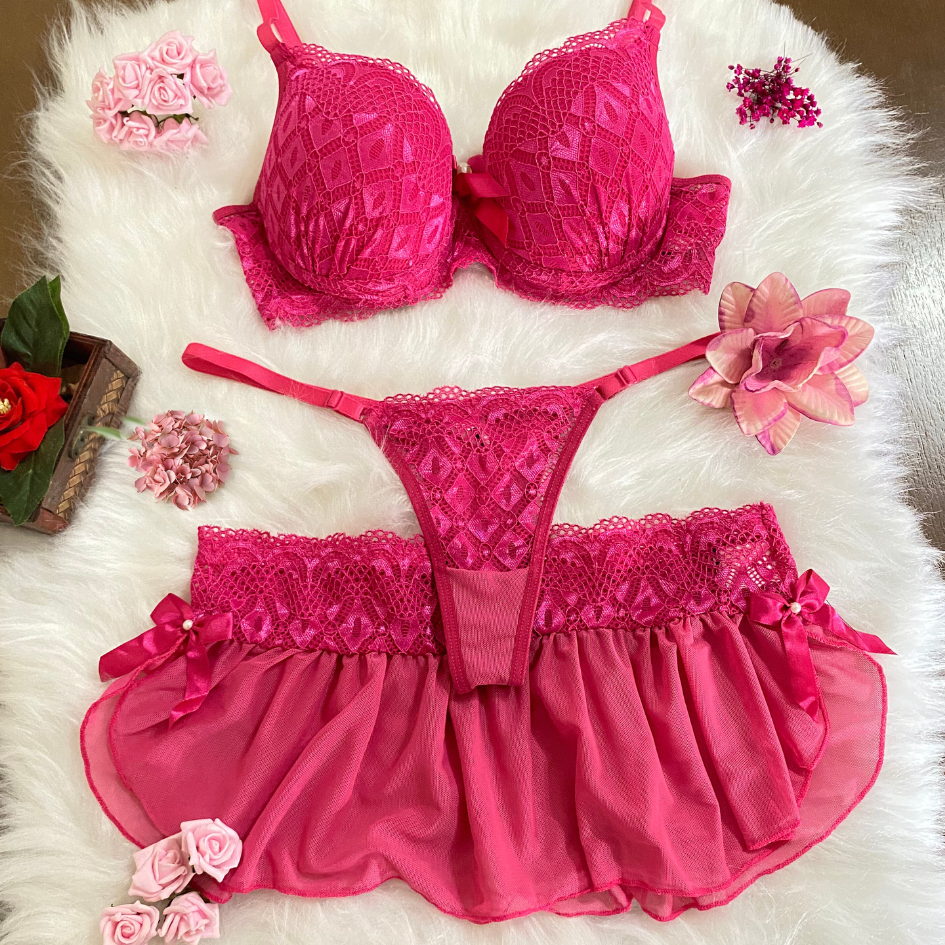 Conjunto Trio Serena Lingerie Com Bojo Sensual Roupa Intima com Saia Calcinha fio dental e Sutia sou