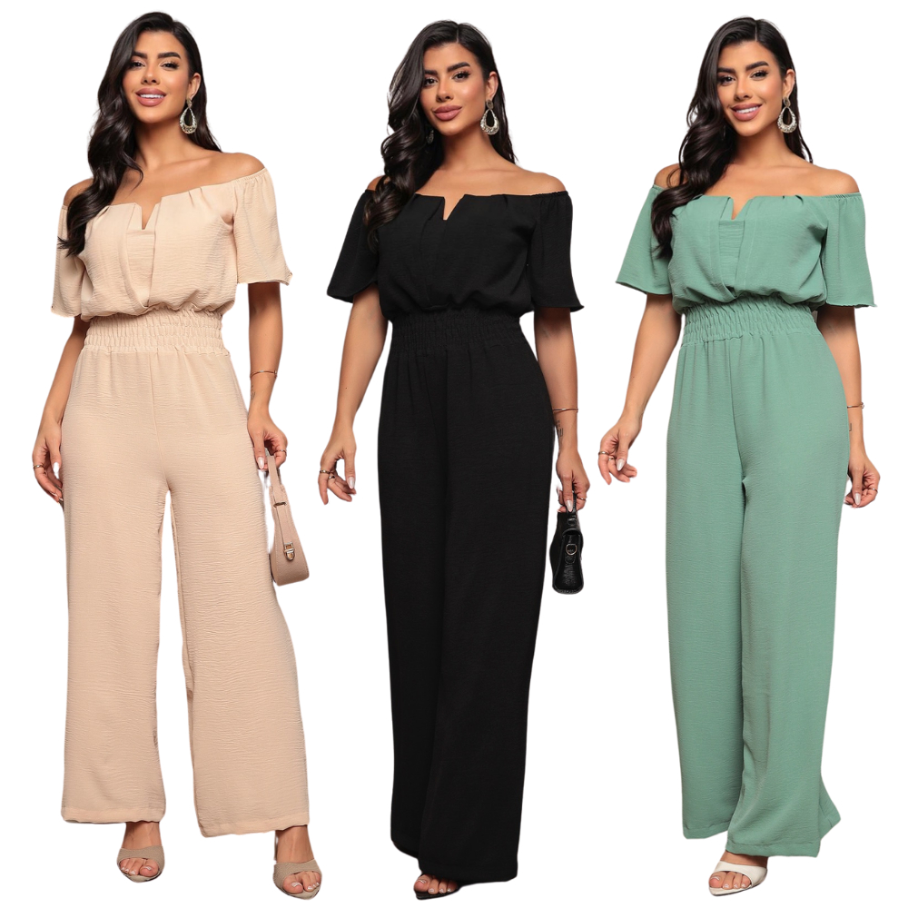 Macacão Longo Canoa Ombro a Ombro feminino Luxo Pantalona Alfaiataria Duna