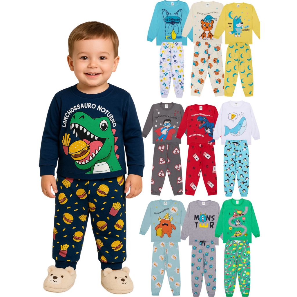 Kit Sortido 4 ou 10 Peças Pijama Infantil Bebê Menino Manga Comprida De Inverno Masculino Quetinho E