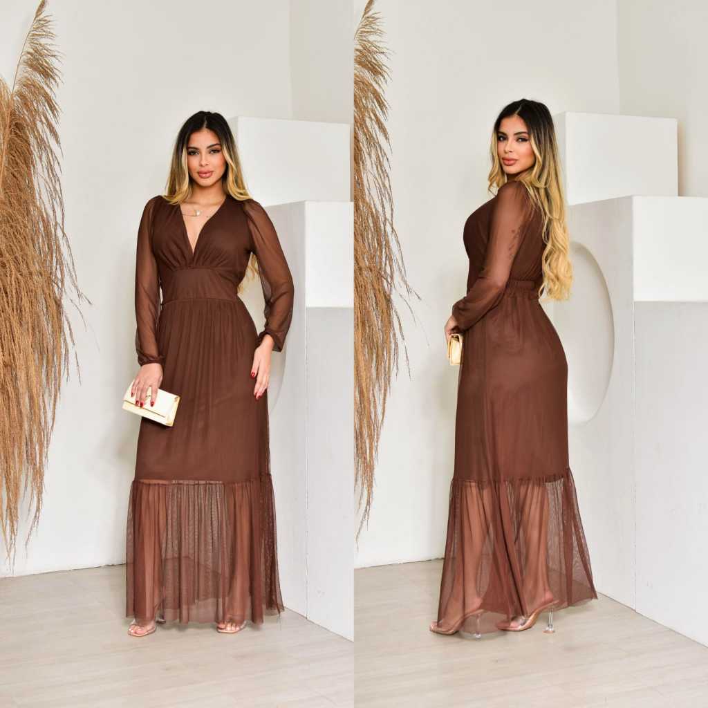 Vestido longo Feminino de tule manga longa de festa, casamento com bojo todo forrado