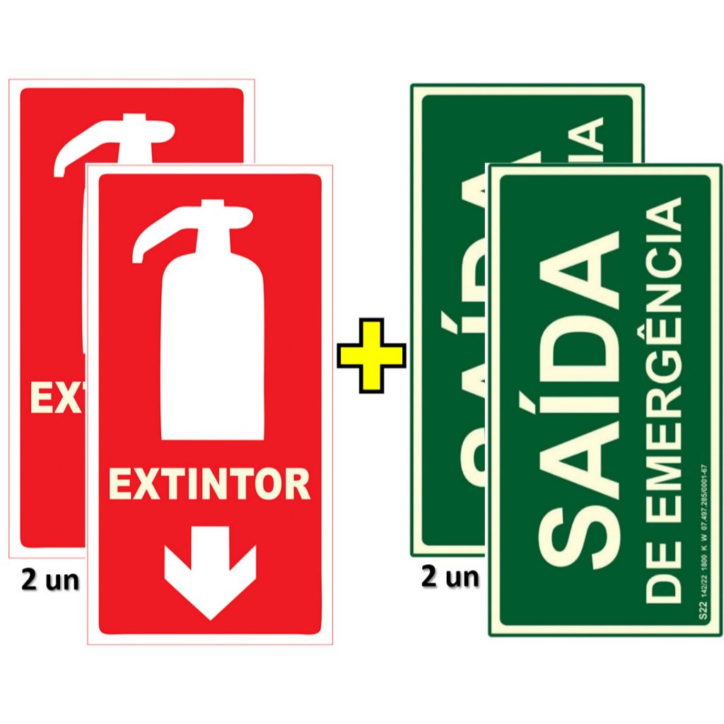 Kit 2 placas SAIDA DE EMERGENCIA + 2 placas EXTINTOR 10×20 Fotoluminescente PVC
