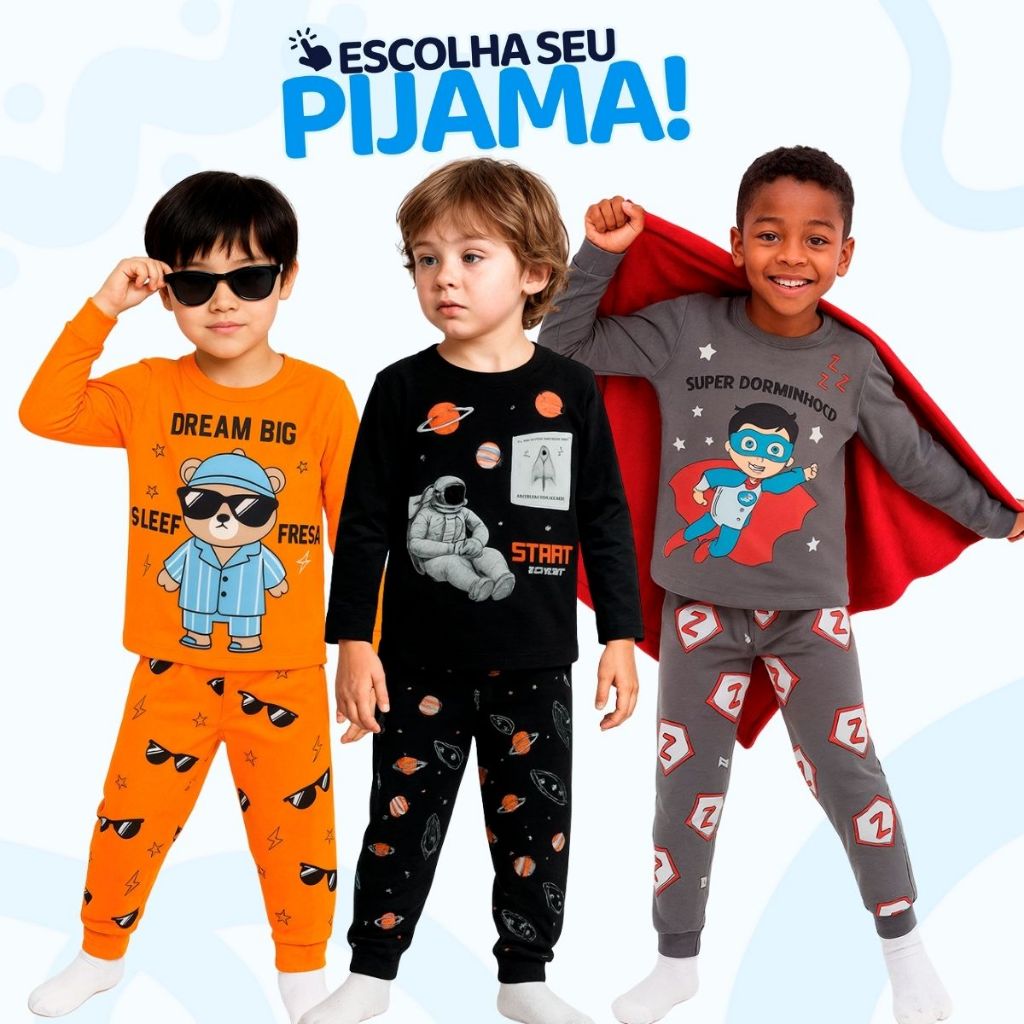 Pijama Infantil Menino Manga Longa Escolha Seu Modelo, com Estampas Fofas e Conforto Infantil Mascul