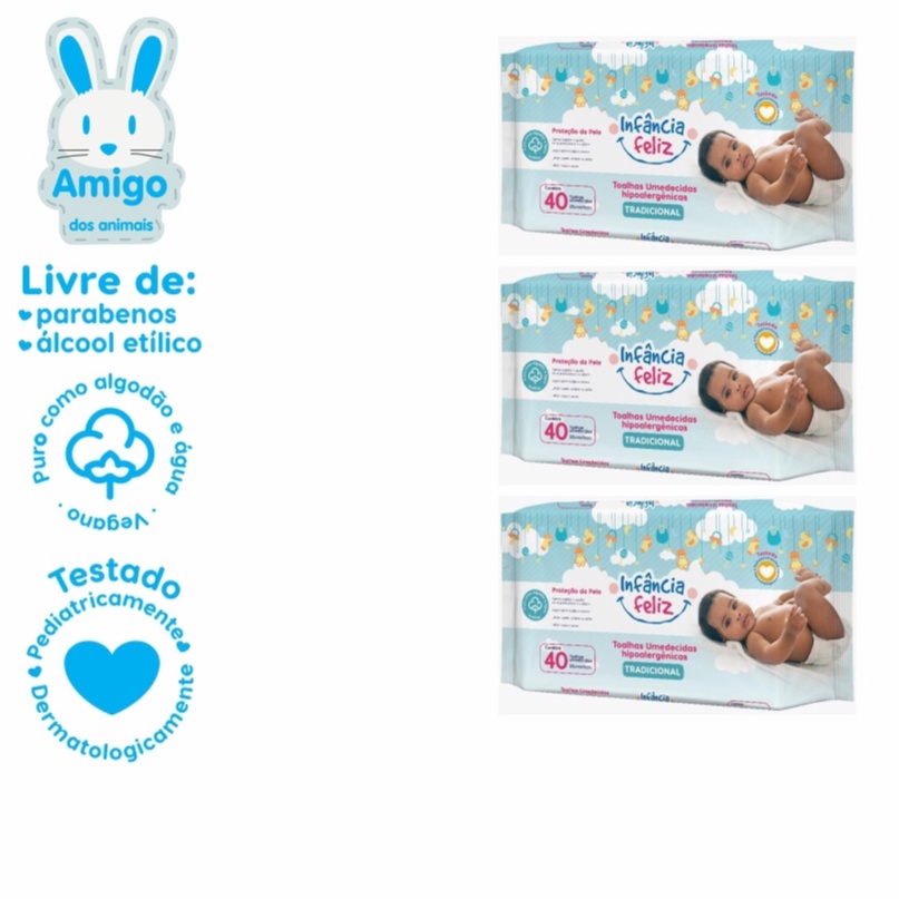 Lenço Umedecido Elefunte 40 Folhas Hipoalergênico Kit 3un