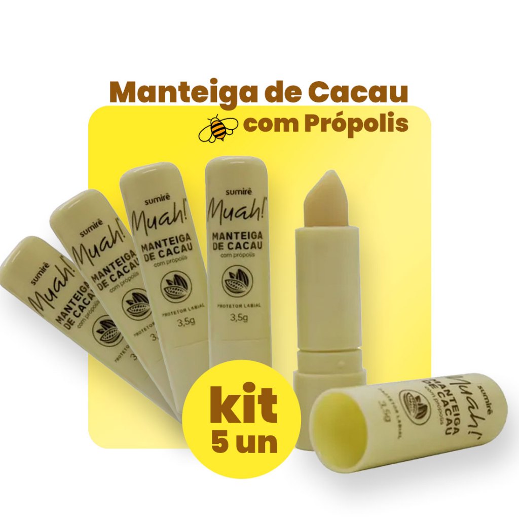 Kit Manteiga de Cacau Muah® com Própolis: Hidratação e Proteção para seus Lábios (05 unidades)