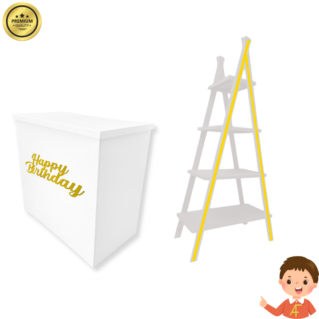 Kit Comoda Mesa e Escada Branca e Dourada Em MDF Pra Aniversários + Frase happy birthday dourada
