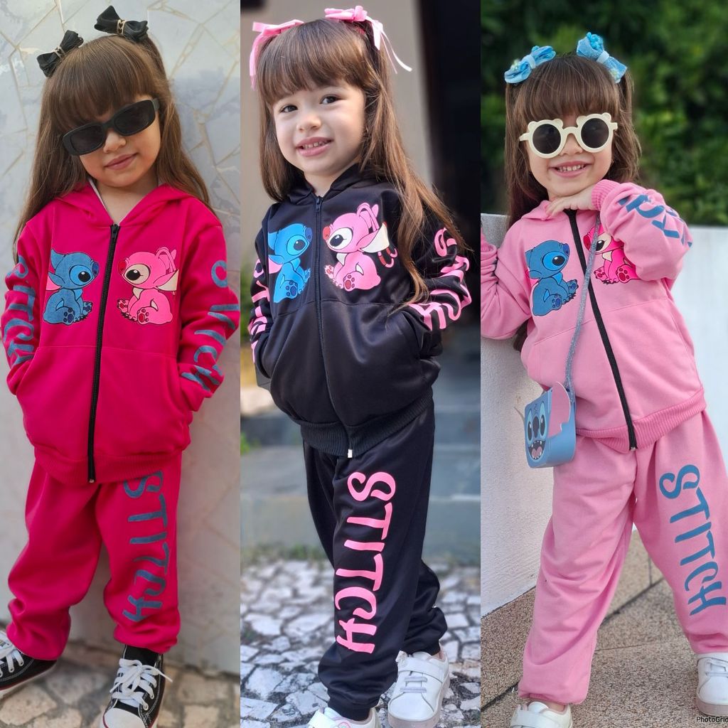Conjunto infantil menina stitch agasalho de frio calça e casaco moletom feminino
