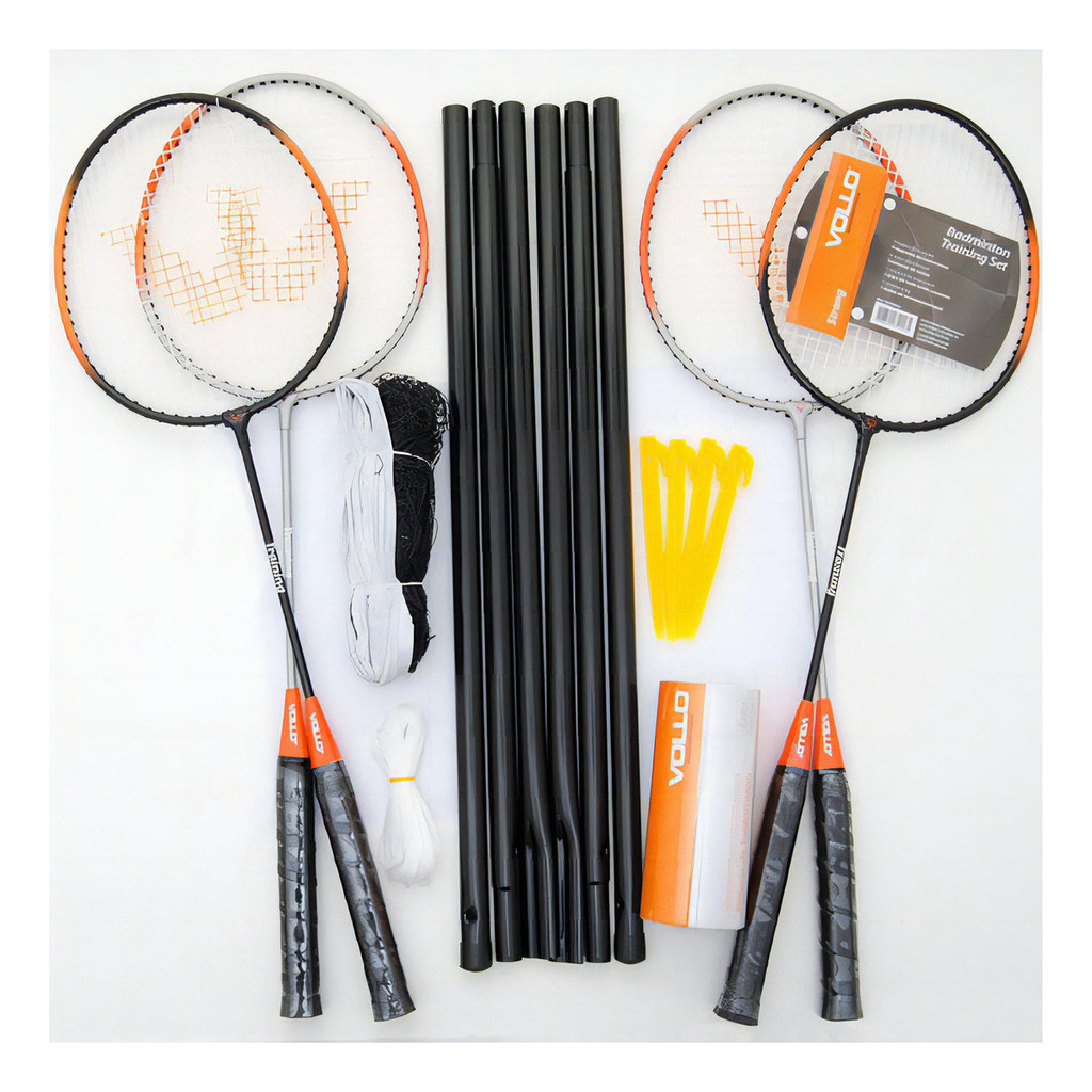 Kit Vollo Badminton Jogo de Grama e Areia com 4 Raquete + 3 Petecas + Rede E Suportes Cor Preto E La