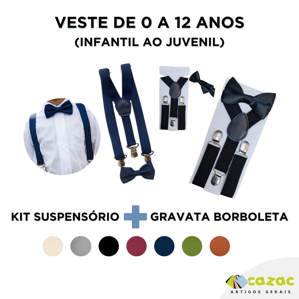 Kit Suspensório + Gravata Borboleta Infantil Juvenil Adulto Casamentos Eventos Pajem Batizado