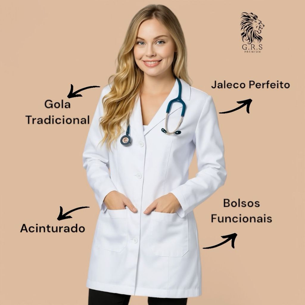 Jaleco feminino acinturado tecido oxford com botao embutido