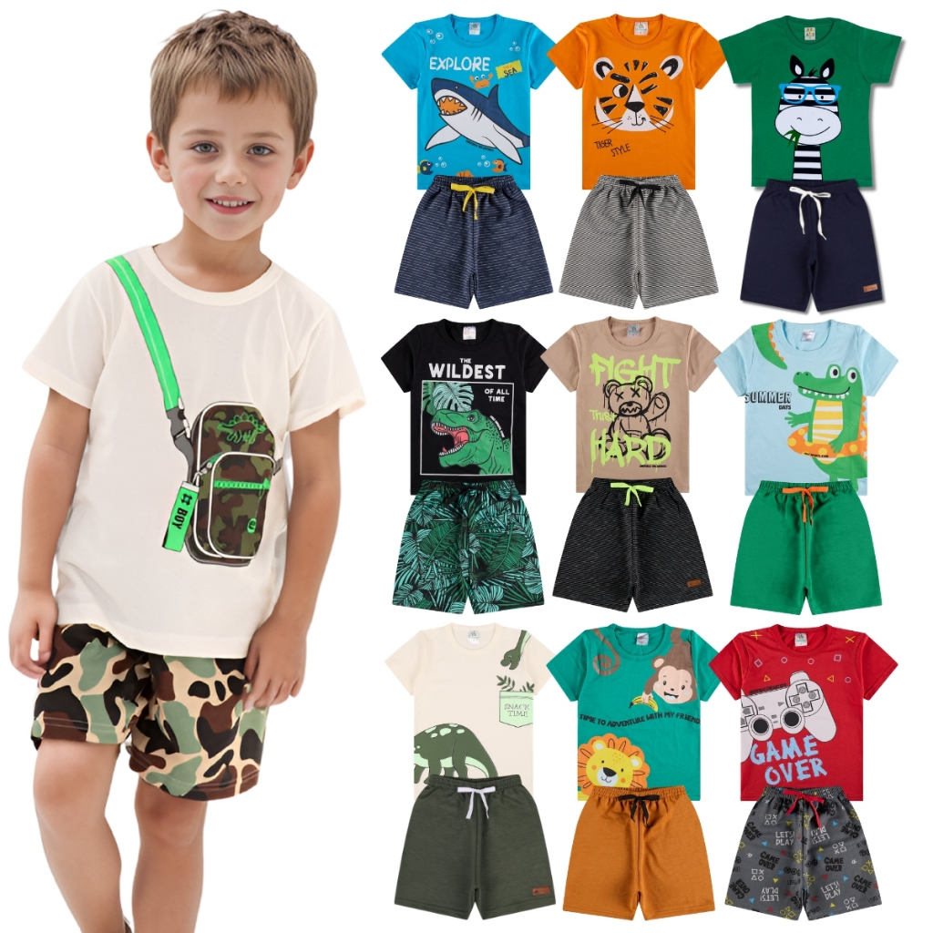 Kit Sortido 2 ou 8 Peças de Roupas Infantil Menino- 4 Camisetas + 4 Bermudas – Kit 4 Conjuntos de Ro