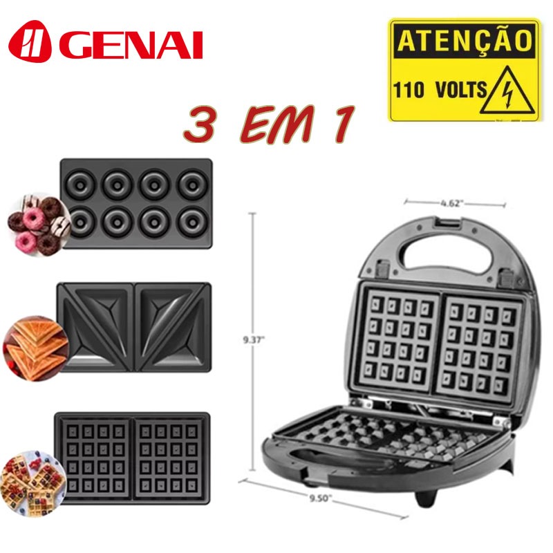 GENAISanduicheira elétrica Grill 3 em 1 Waffle Snack Donut 110V Prato multifuncional