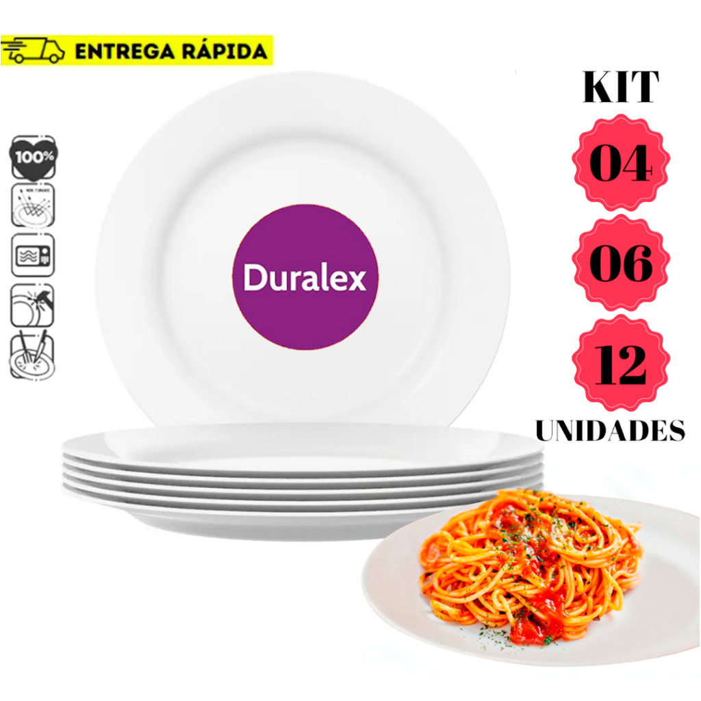 Kit Jogo de Pratos Menu Duralex 04/06/12 Peças Modelo Raso Branco Vidro Opaline Temperado Resistente