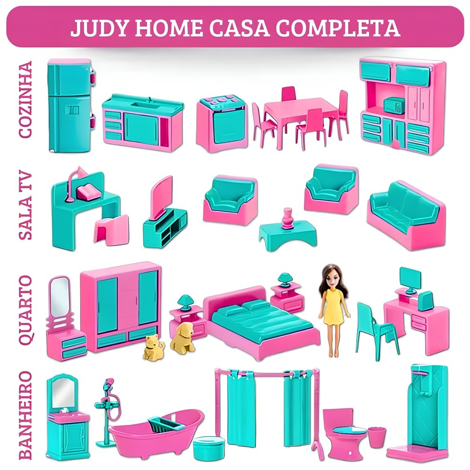 Casa Completa Da Judy Home Kit Quarto Banheiro Sala Cozinha Com Boneca – Samba Toys –