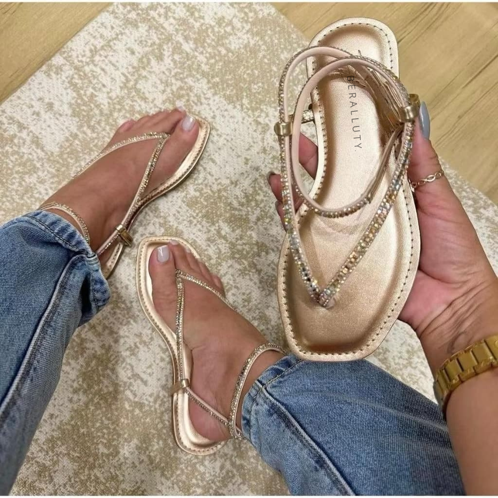 Sandália Feminina Rasteira Confortável Com Brilho De Strass – 34 ao 39