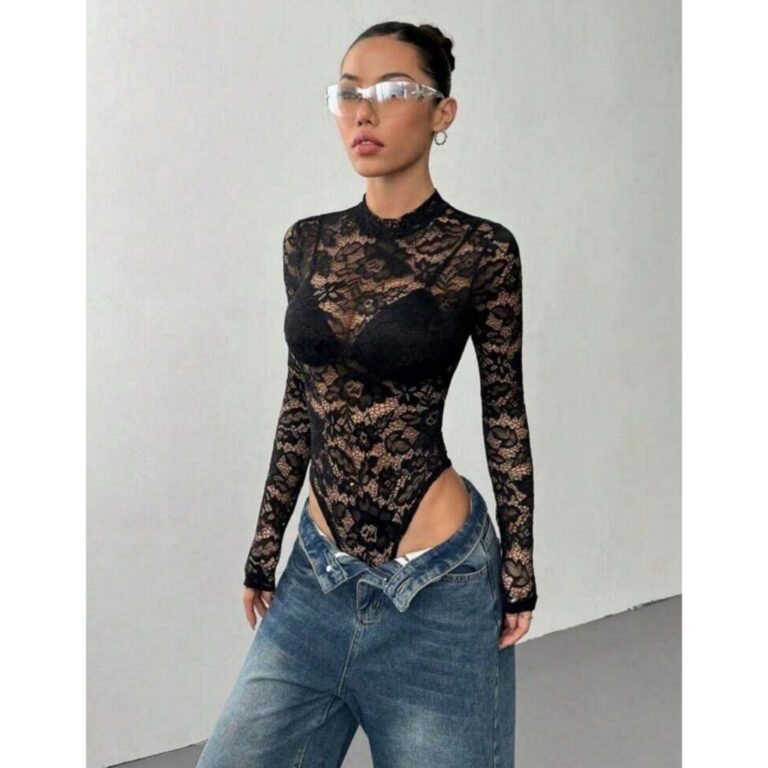 Body de Renda Tule Manga Longa Femenino sexy com f