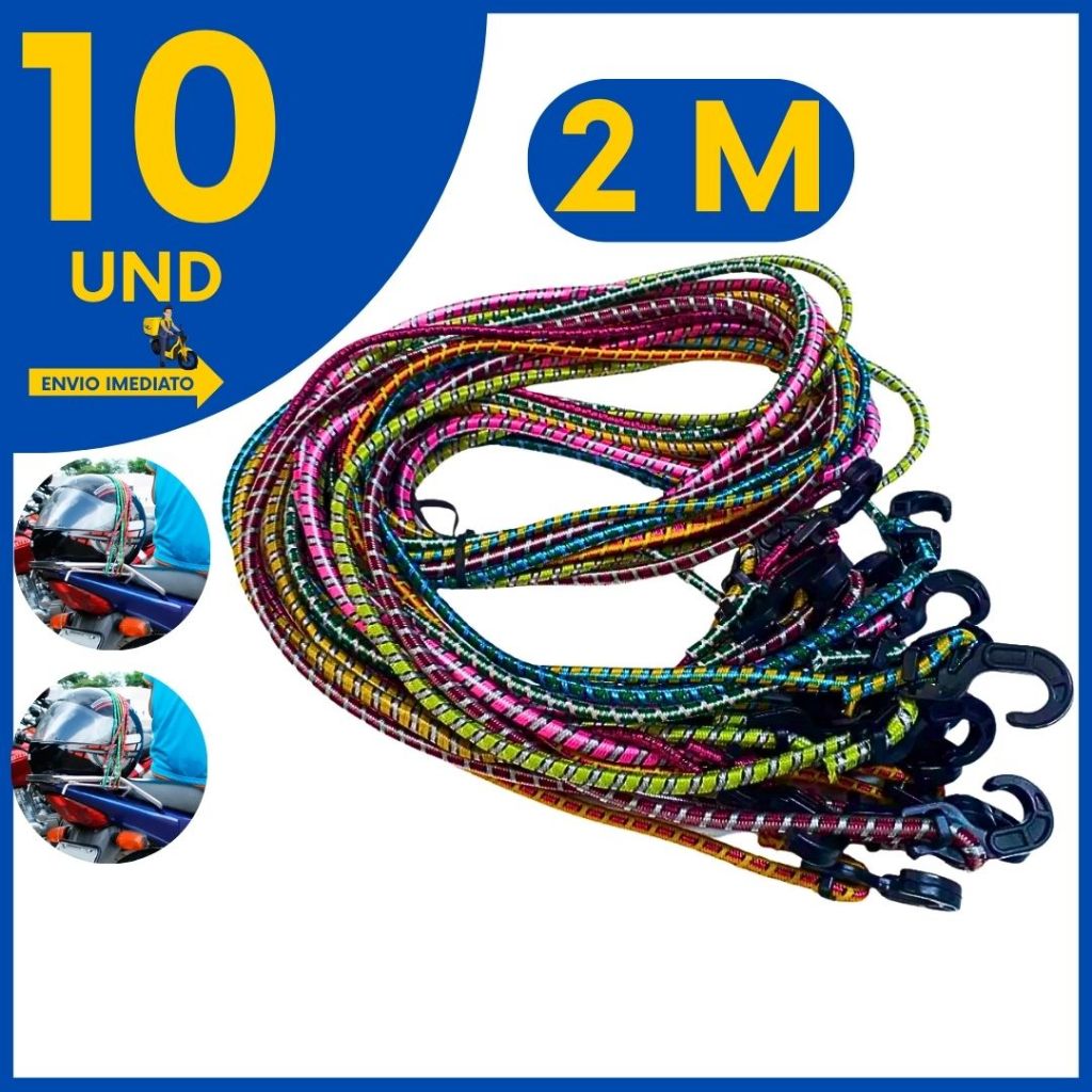 Kit 10 Elástico Reforçado Bagageiro Extensor com Gancho Ponta Metal Para Moto, Bicicleta Carga