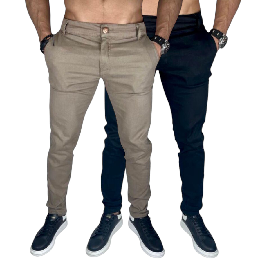 Kit 2 calças masculinas sarja slim bolso embutido cores preto branco e outras esporte fino