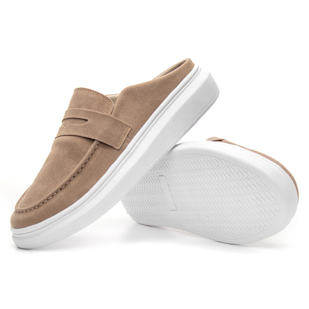 Mocassim Loafer Mule Masculino Slip On em Couro Camurça Sola Alta Moda Casual Luxo