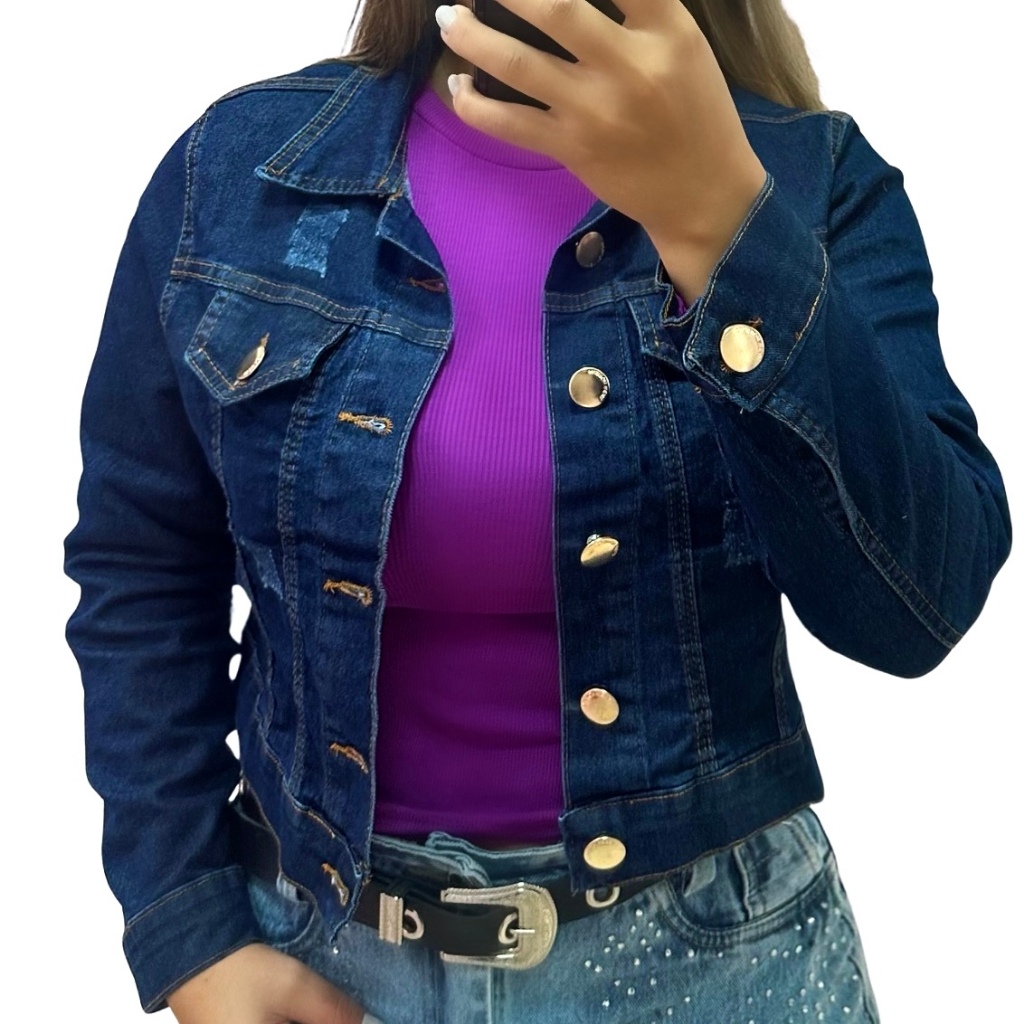 Jaqueta Jeans Feminina com Lycra Elastano Escura Barra Feita Modeladora Linha Premium