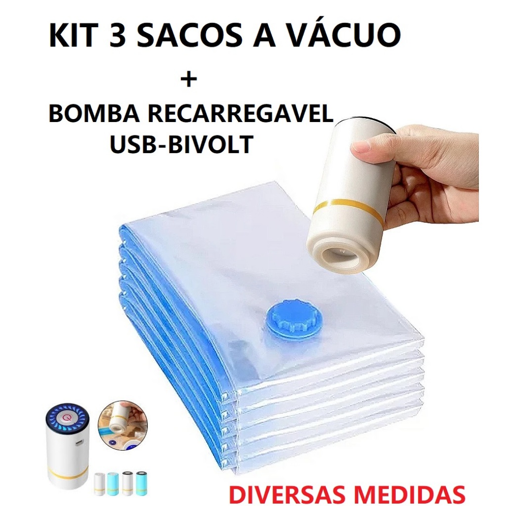 OFERTA Conjunto 3 Sacos A Vácuo E Bomba De Ar Recarregável Manual Bivolt E Usb Diversos Tamanhos Mul