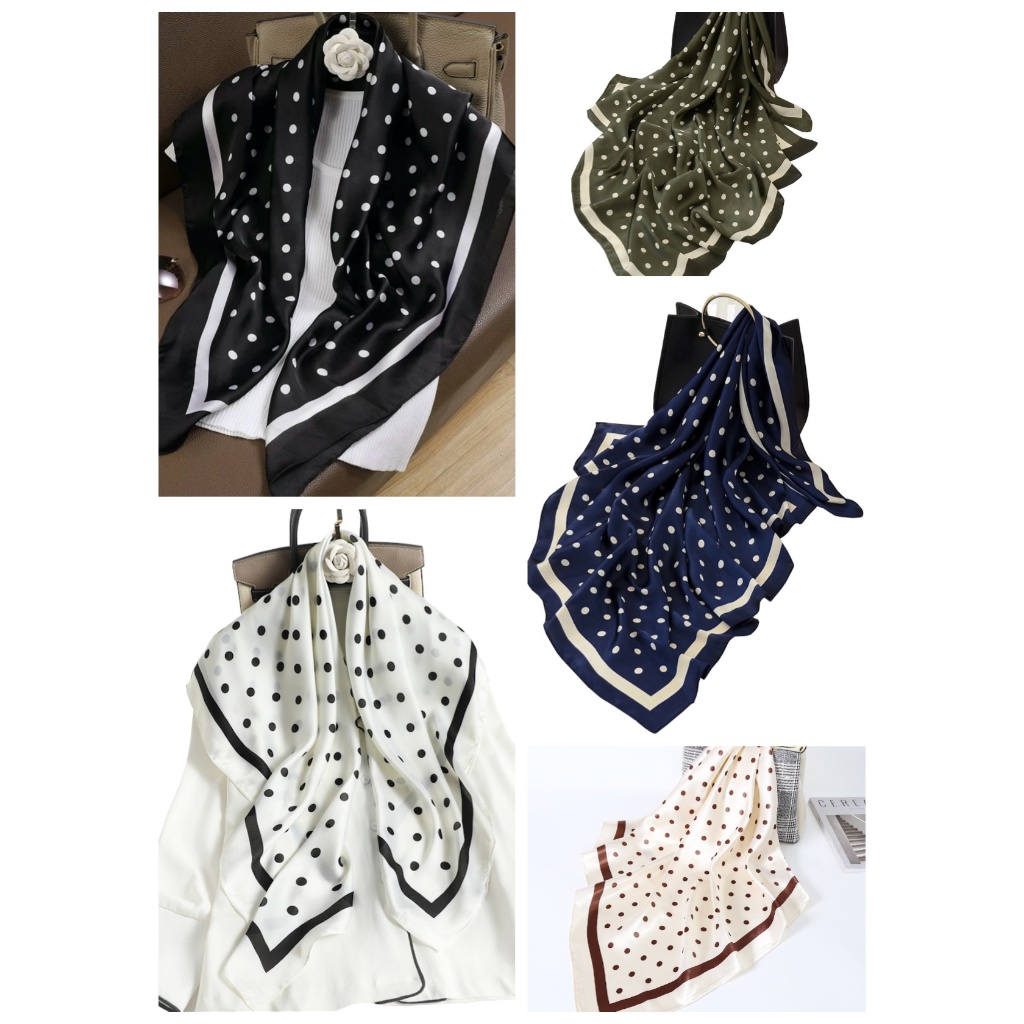 Lenço Feminino 90×90 Cetim Seda Falsa Estampa Poá Bolinha Vintage Elegante Cabeça Pescoço Bolsa Aces
