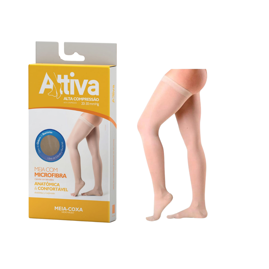 Meia Coxa 7/8 Alta Compressão 20-30mmHg Attiva Ponteira Fechada Cor Natural