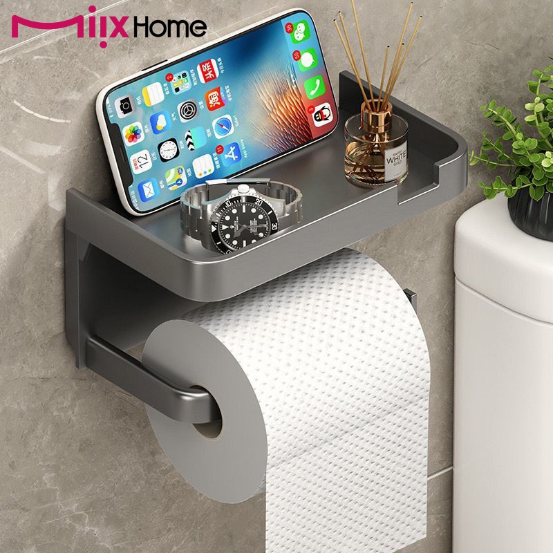 Suporte Porta Papel Higiênico Multifuncional com Apoio para Celular – Preto, Sem Furos, Fixação com