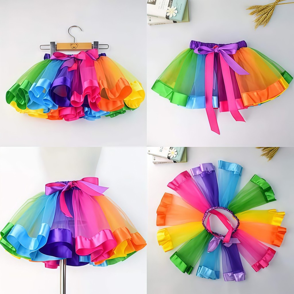 Saia Tule Arco-Íris Adulto-Tule Colorido 40cm para Festas e Carnaval (Cintura Elástica)