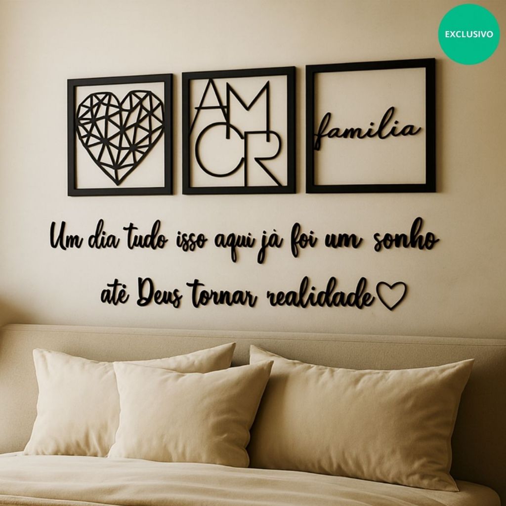 Kit 3 Quadros Cabeceira Familia Coração Geométrico Amor + Frase de Parede Variados Sala Mini coração