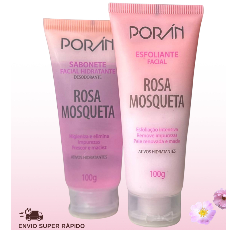 Kit Sabonete e Esfoliante Facial Porán Rosa Mosqueta + Esponja Skincare Polvo + Faixa Cabelo Veludo.